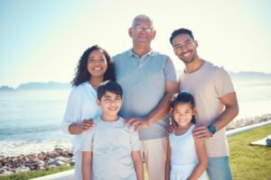 Love, happy and portrait of a big family on a vacation, adventure or weekend trip in Puerto Rico. H.